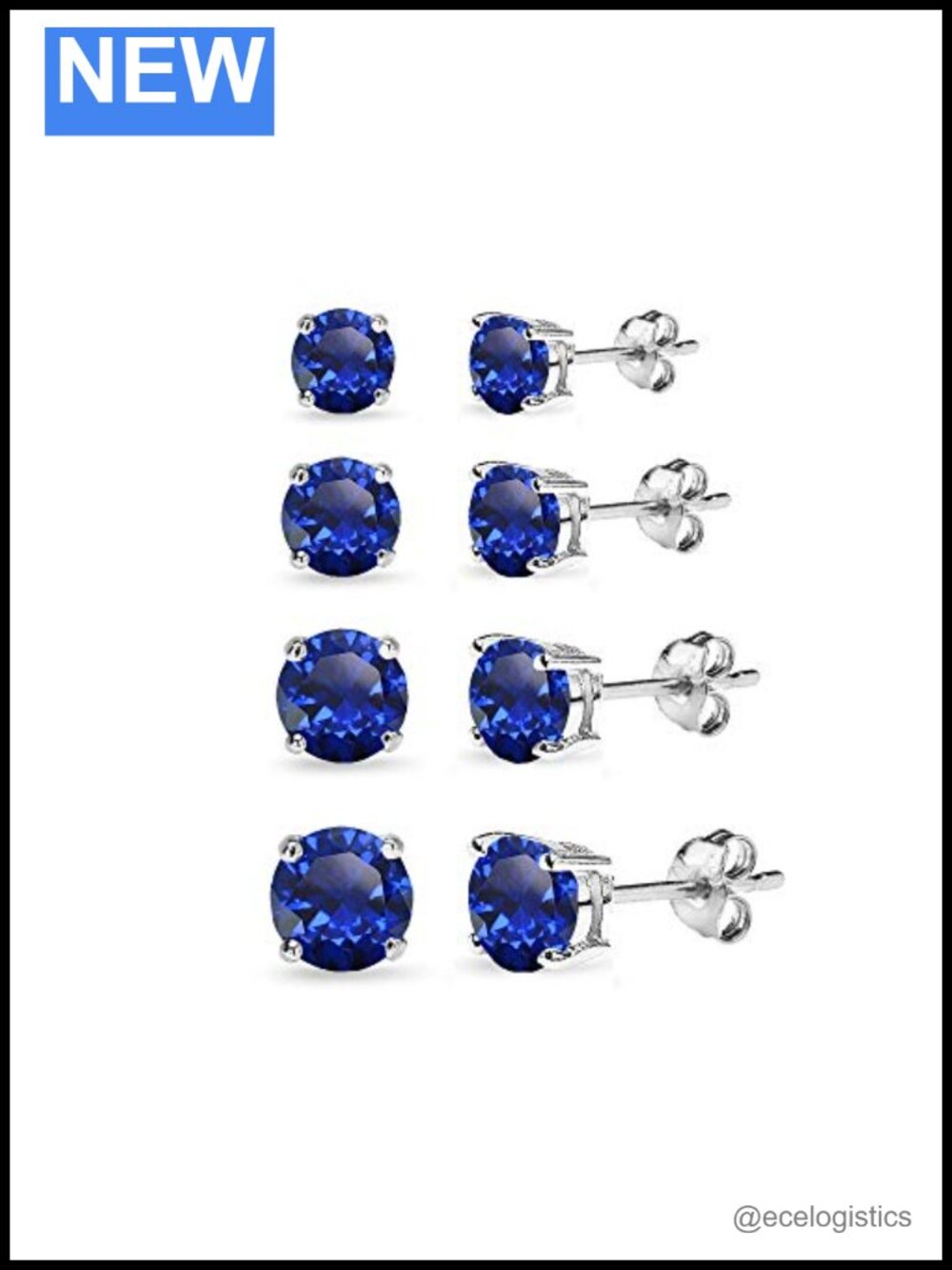Sterling Silver Created Blue Sapphire Stud Earrings 4 Pairs 3-6mm Prong Set